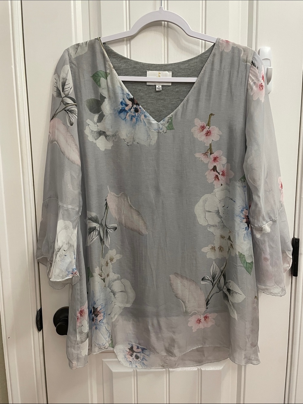 Italian Silk Blend Gray Floral V-Neck Tunic Top